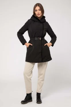 Giacca Lunga Nera Reversibile Con Cintura