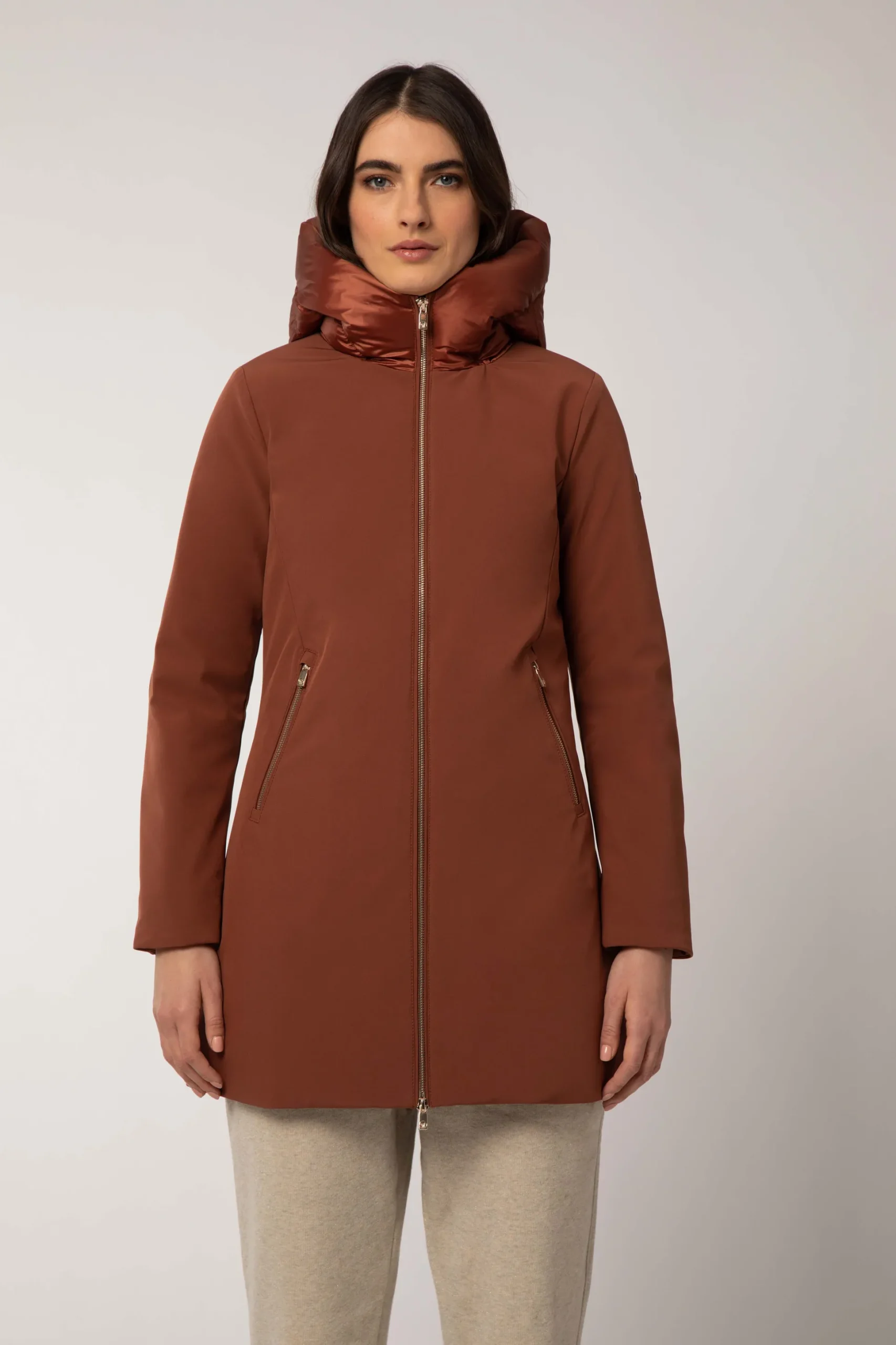 Mire 2.2-Giacca Lunga Color Mattone Con Cappuccio