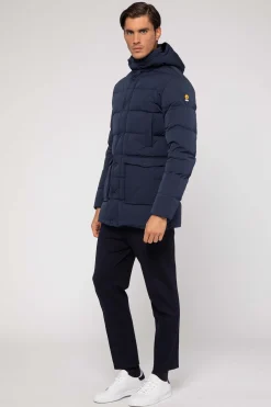Piumino Invernale Blu Lungo Con Cappuccio